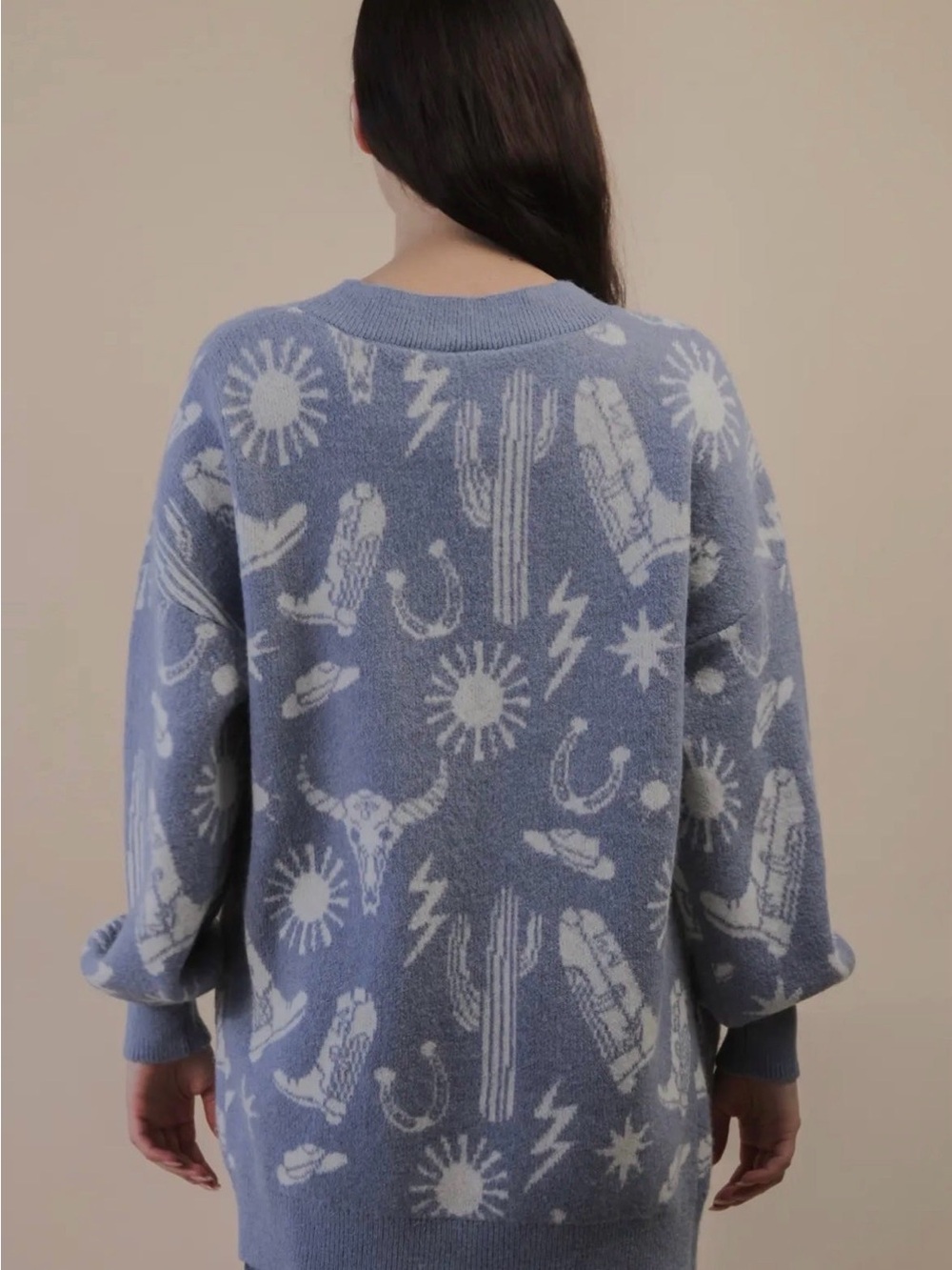 Blue Western Motif Knit Sweater